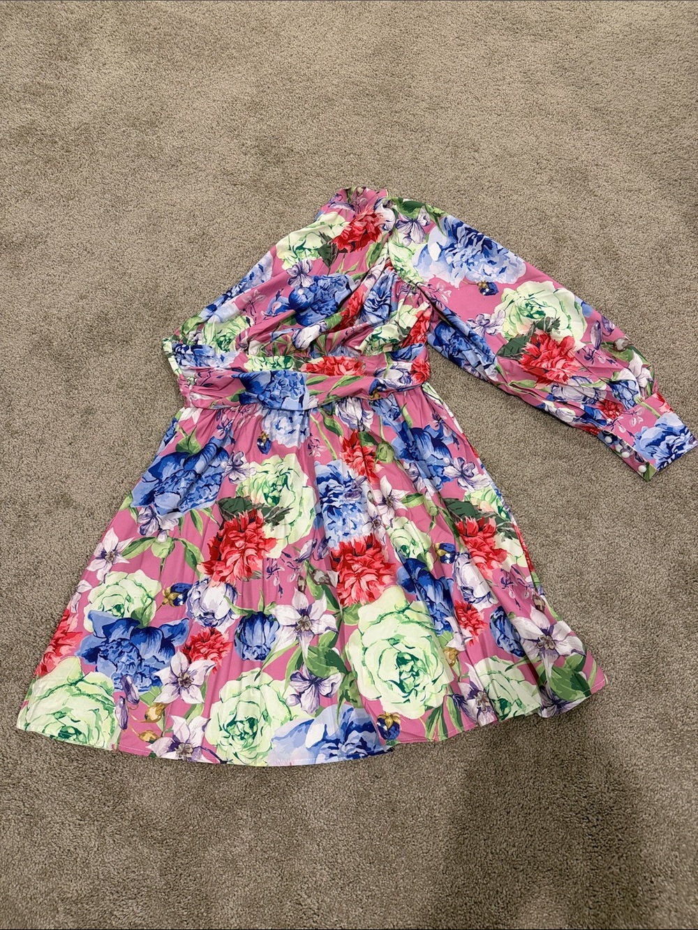 One-Shoulder Pink Floral Dress with Puff Sleeve